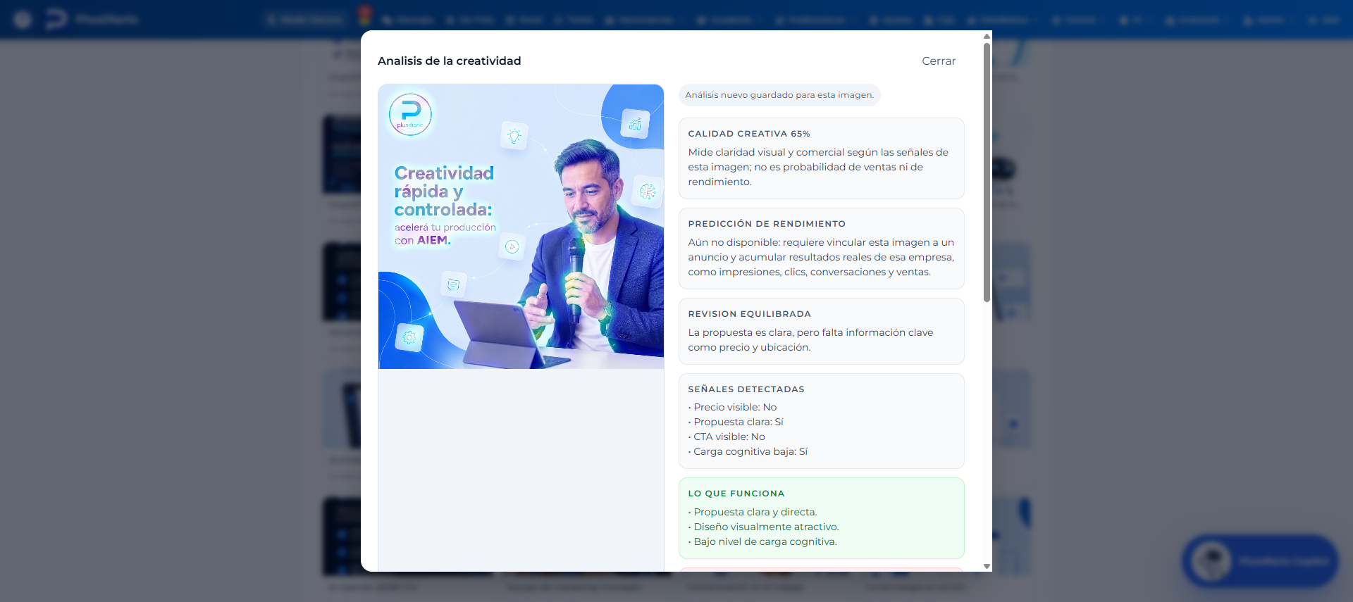 Análisis real de creatividad, competencia en internet y predicción de rendimiento publicitario con IA en Plusdiario.