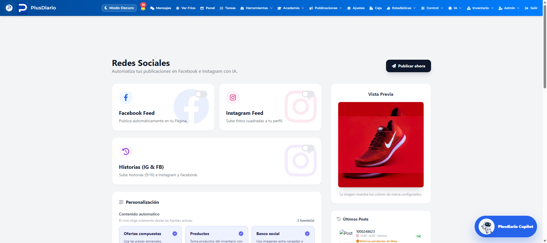Gestor real de publicaciones en Facebook, Instagram e historias de Plusdiario IA.