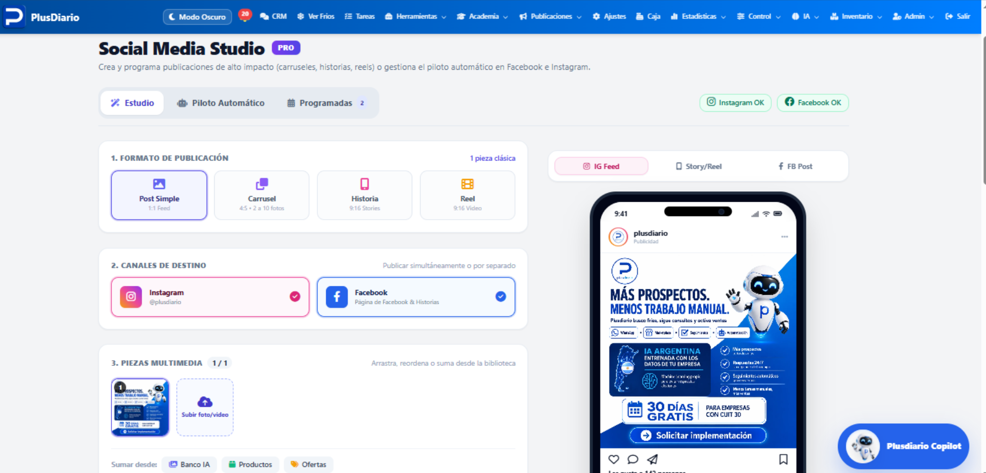 Gestor real de publicaciones en Facebook, Instagram e historias de Plusdiario IA.