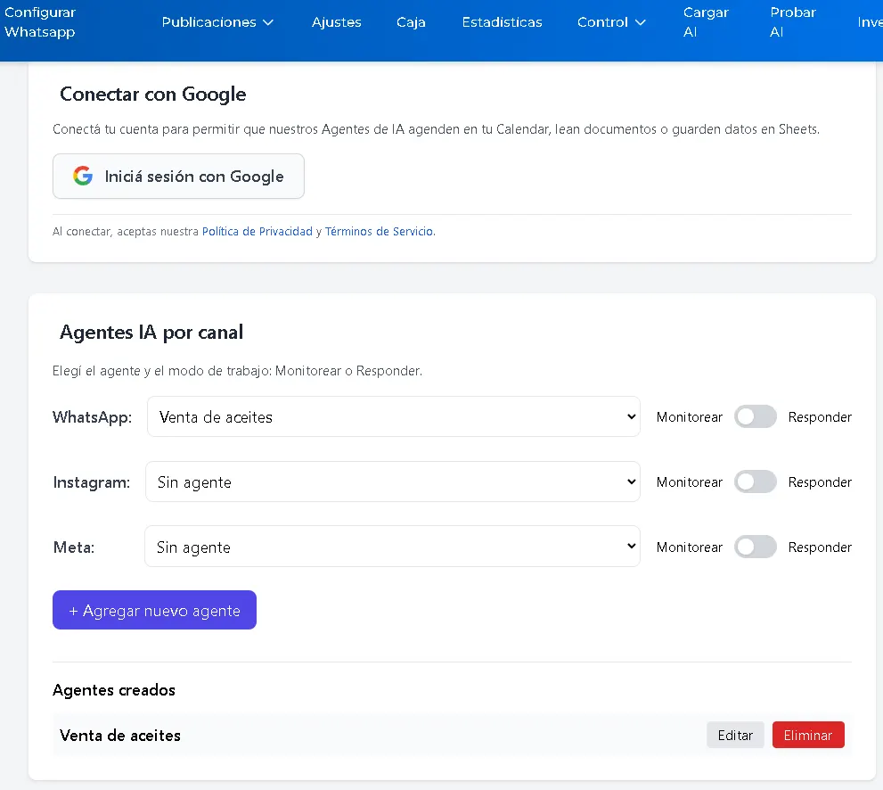 Panel de configuración de prompts e identidad de IA